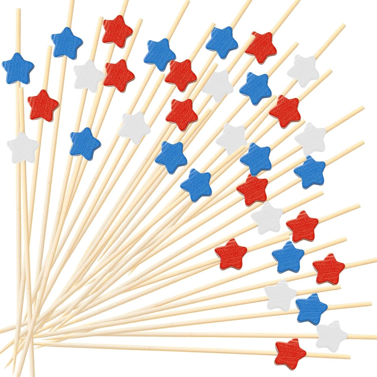 100Pcs 4th of July Patriotic Cake & Cupcake Toppers, Red White Blue Star Bamboo Toothpicks Cocktail Sticks for Appetizers Fruit Food Drink Cake Independence Day Birthday Party Decoration, 4.7Inch